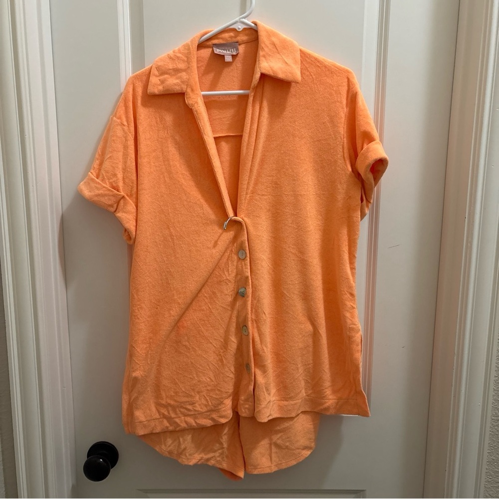 Show me your Mumu Orange Terry Cloth 2pc Shorts Set Beachy Coastal Summer - Picture 2 of 6
